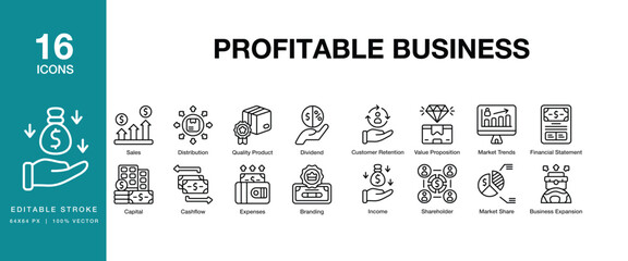 Fototapeta premium Profitable Business icon set. Includes profit, business, revenue, earnings, margin, growth and More. Editable Stroke Icon Collection.