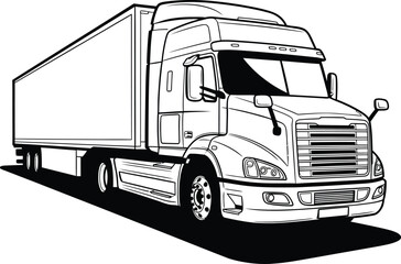 A detailed black and white line art illustration of a modern semitruck with a long trailer shown from a front threequarter angle.