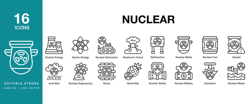 Nuclear icon set. Includes nuclear, atomic, reactor, radiation, energy, power and More. Editable Stroke Icon Collection.