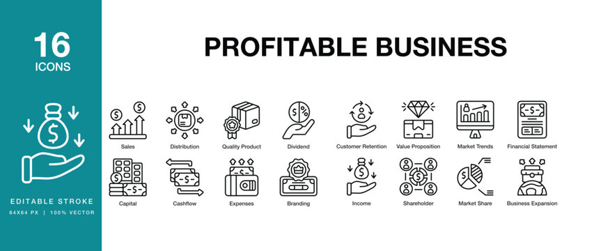 Profitable Business icon set. Includes profit, business, revenue, earnings, margin, growth and More. Editable Stroke Icon Collection.
