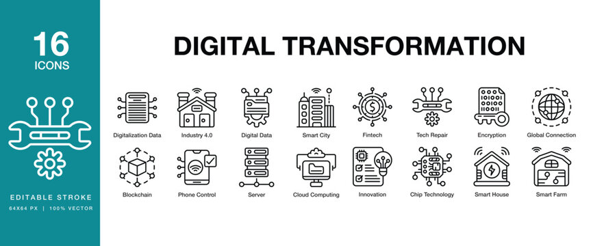 Digital Transformation icon set. Includes digital, transformation, technology, innovation, cloud, automation and More. Editable Stroke Icon Collection.