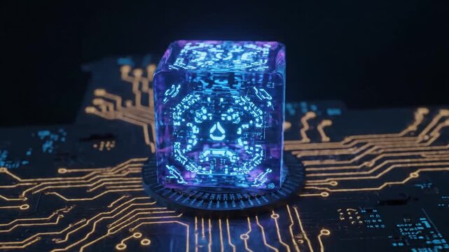 Glowing Blue Cube on Circuit Board Technology.