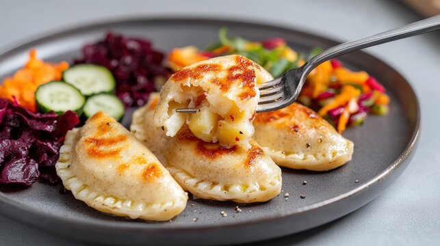A close-up shot of a fork lifting a perfectly golden pierogi, revealing its rich filling of potatoes and cheese. The plate showcases vibrant colors from accompanying side dishes like beetroot salad