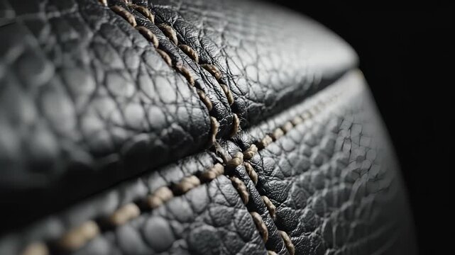 Close-up Macro Shot of Black Leather Texture with Stitching.