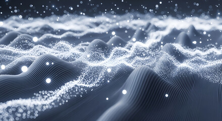 An abstract visualization of artificial intelligence data waves forming a futuristic digital landscape, representing data flow, machine learning, and advanced computing