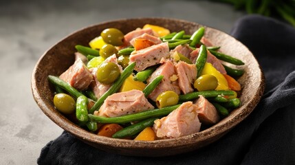An overhead shot of a beautifully plated salad nicoise, featuring layers of tuna, olives, and green beans displayed in a rustic bowl. The vibrant hues of the fresh vegetables contrast against the