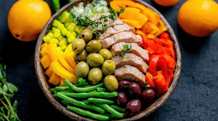 An overhead shot of a beautifully plated salad nicoise, featuring layers of tuna, olives, and green beans displayed in a rustic bowl. The vibrant hues of the fresh vegetables contrast against the