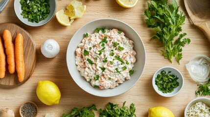 A picturesque setup of a salad nicoise on a wooden table, surrounded by fresh ingredients like lemon, herbs, and other salad elements, ready to be enjoyed. The dynamic composition showcases the