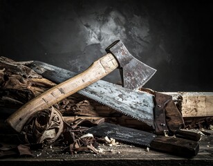A still life of a rusty axe and wooden handled saw