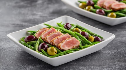 An artistic display of salad nicoise with a focus on the contrasting textures of tender tuna, crunchy green beans, and glossy olives, captured in a minimalist setup. The neutral backdrop enhances the