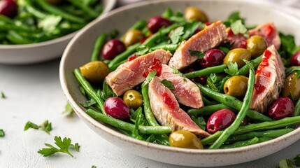An artistic display of salad nicoise with a focus on the contrasting textures of tender tuna, crunchy green beans, and glossy olives, captured in a minimalist setup. The neutral backdrop enhances the