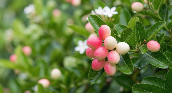 Fresh pink Karanda or Carissa carandas berries growing on a green bush in an outdoor tropical garden, cluster of ripe tropical fruit with glossy leaves and soft bokeh during daytime.