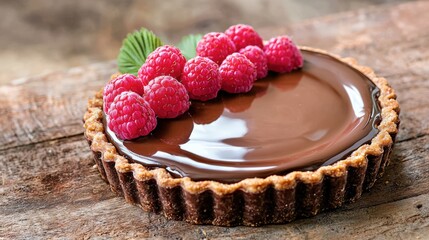 An elegant presentation of a Swiss chocolate tart, featuring a glossy chocolate glaze and topped with vibrant raspberries, placed on a rustic wooden table with soft lighting that accentuates its