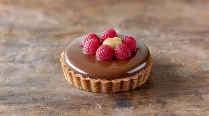 An elegant presentation of a Swiss chocolate tart, featuring a glossy chocolate glaze and topped with vibrant raspberries, placed on a rustic wooden table with soft lighting that accentuates its