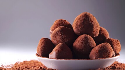 A profuse arrangement of chocolate truffles dusted with cocoa powder and nestled in a fine porcelain dish, showcasing the variety of shapes and textures that highlight the luxurious nature of Swiss