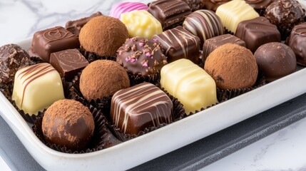 A profuse arrangement of chocolate truffles dusted with cocoa powder and nestled in a fine porcelain dish, showcasing the variety of shapes and textures that highlight the luxurious nature of Swiss