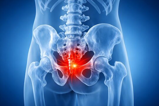 Human sacrum and coccyx pain anatomy illustration showing lower back inflammation