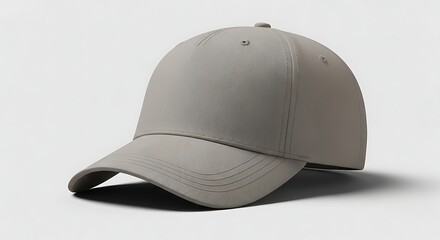 Fototapeta premium A gray baseball cap mockup with a curved brim and button on top, set against a clean white background with subtle shadows, showcasing a simple and neutral hat design.