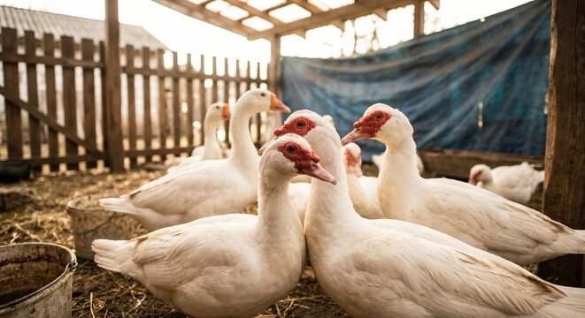 Close-up of white Muscovy ducks and geese in a rustic outdoor farm enclosure during the day, featuring vibrant red caruncles and soft white feathers in a natural agricultural setting.