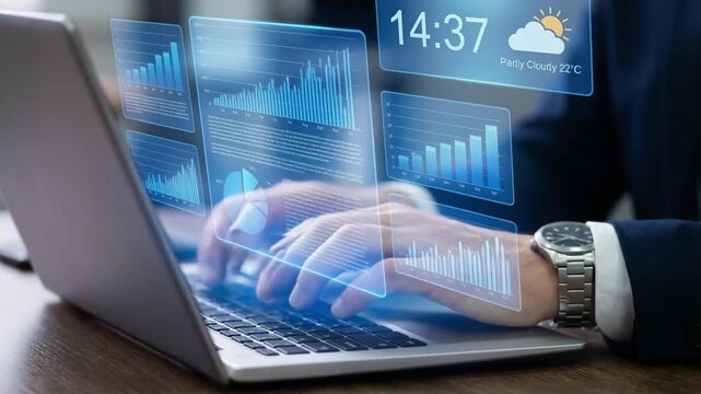 Business and technology Data analyst working on business analytics dashboard with charts, metrics and KPI to analyze performance and create insight reports for operations management. bigdata