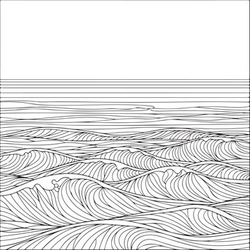 Stylized black and white illustration of gentle ocean waves with linear details, creating a rhythmic pattern for backgrounds and aquatic themes. , Generative Ai