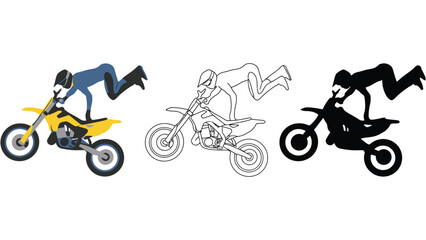 A colorful illustration of a motorcyclist performing a stunt in different styles