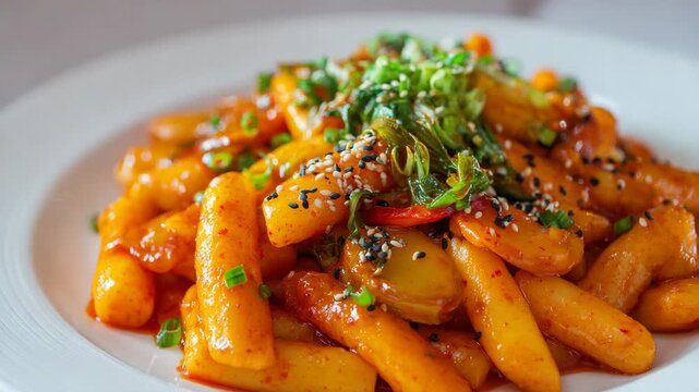 Spicy Korean Tteokbokki Rice Cakes with Gochujang Sauce and Green Onion Garnish
