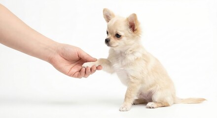 Obraz premium Small Long-Haired Chihuahua Dog Giving Paw to a Person Hand on White Studio Background, Training and Friendship Concept with Cute Puppy, Isolated Domestic Animal Interaction and Bonding Scene
