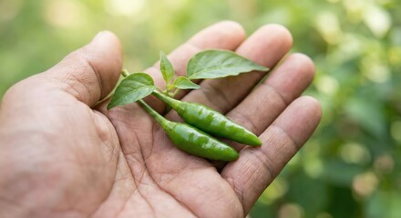 Southeast Asian adult hand holding two fresh green bird's eye chilies in an outdoor organic garden during morning daylight, representing harvesting, agriculture, and spicy food ingredients.