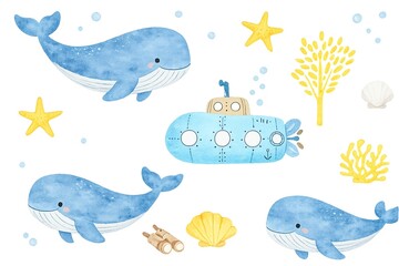 Naklejka premium Cute watercolor seamless pattern with whales, submarine, starfish, shells and sea plants. Hand painted ocean illustration in soft blue and yellow colors, perfect for kids designs, fabric, wrapping pap