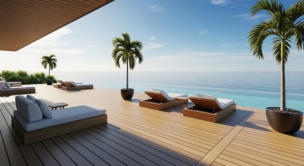 Obraz premium Luxury Beachside Deck with Palm Trees.