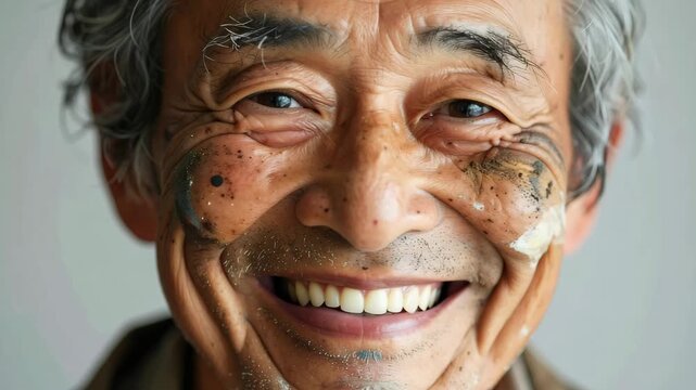 an elderly Japanese man with paint stains on his face, captured in a moment of peaceful reflection, Deep facial lines, artistic expression highlight age and character