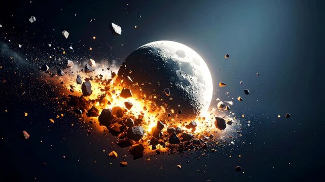 Cosmic moon shattering into fiery fragments and dust in deep space, with glowing debris and dramatic explosion lighting, representing destruction, cosmic energy, and astronomical impact