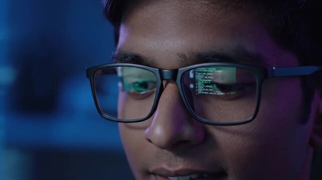 Man Wearing Glasses Working on Computer at Night.