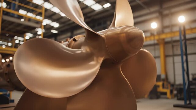 Large bronze ship propeller being manufactured in a factory setting.