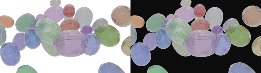 Abstract 3d illustration of pastel textured spheres and glossy beads. Colorful ribbed ball composition on white background. Design element for modern graphic, poster, or fashion presentation.