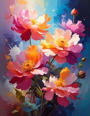 A vibrant floral arrangement with pink and orange flowers against a colorful background