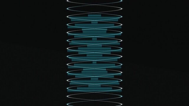 A vertical column of blue-lit rectangles with white, looping lines on a dark background