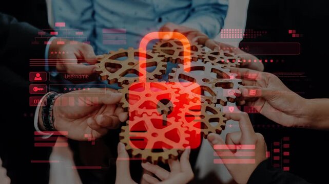 Diverse hands unite around interconnected gears with a digital lock symbol, illustrating collaborative efforts in safeguarding data and enhancing security measures. Raster