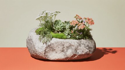 Blooming flowers in a round stone planter used as a garden landscape element for architecture decoration, featuring natural daylight and earthy tones with copy space