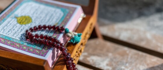 Holy Quran on wooden stand with prayer beads in a mosque for religious reflection and spiritual worship, featuring copy space for Islamic holiday greeting cards