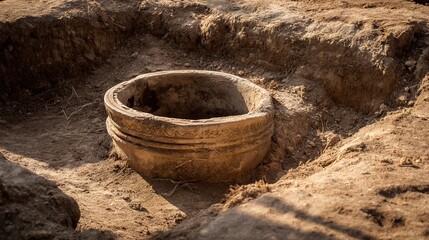 Fototapeta premium latrine. An unearthed ancient ceramic latrine at an archaeological dig site. event programs, museum guides, designed for cultural heritage projects and event programs.
