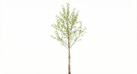 Obraz premium Single young deciduous tree with fresh green leaves and thin brown trunk isolated on a pure white background, minimalist botanical nature concept for environmental growth and ecology.