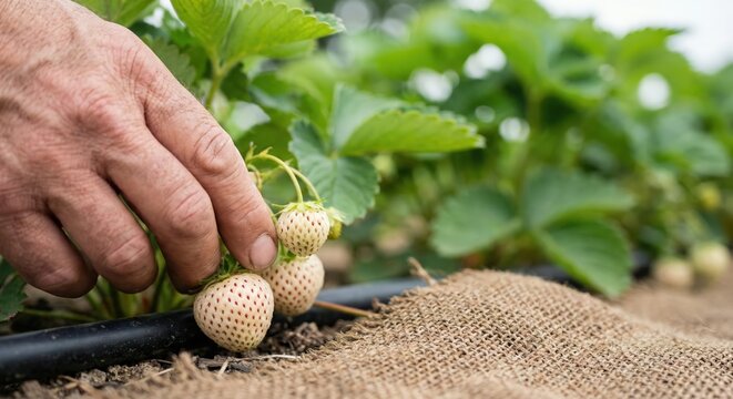 Close-up shot of an adult man hand inspecting white pineberry strawberries growing on a plant in an outdoor organic garden with a drip irrigation system during the day.
