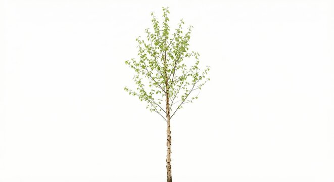 Single young deciduous tree with fresh green leaves and thin brown trunk isolated on a pure white background, minimalist botanical nature concept for environmental growth and ecology.