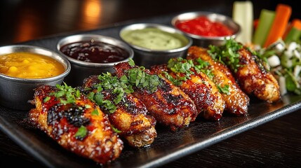 Fototapeta premium Appetizing Grilled Chicken Wings with Assorted Sauces Food Presentation