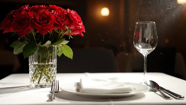 A romantic table setting with red roses in a vase, wine glass, and silverware on a white tablecloth in a dimly lit restaurant with a warm ambiance.