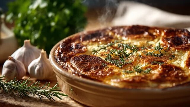 The aroma of a golden-crusted quiche wafts from a rustic dish, accompanied by a symphony of fresh ingredients, including garlic and herbs.
