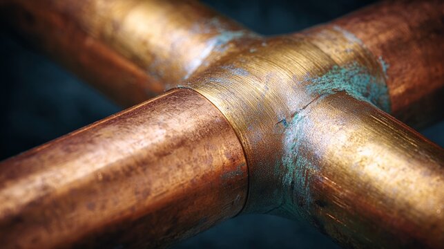 flippant. Close-up of a shiny brass joint connecting two copper pipes. safety posters, maintenance manuals, designed for industrial assembly lines and welding operations, used by engineers.