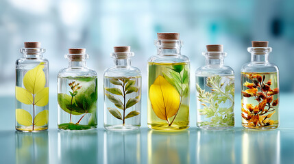 Glass laboratory bottles filled with botanical infused oil representing natural extracts pharmaceutical research and cosmetic formulation.